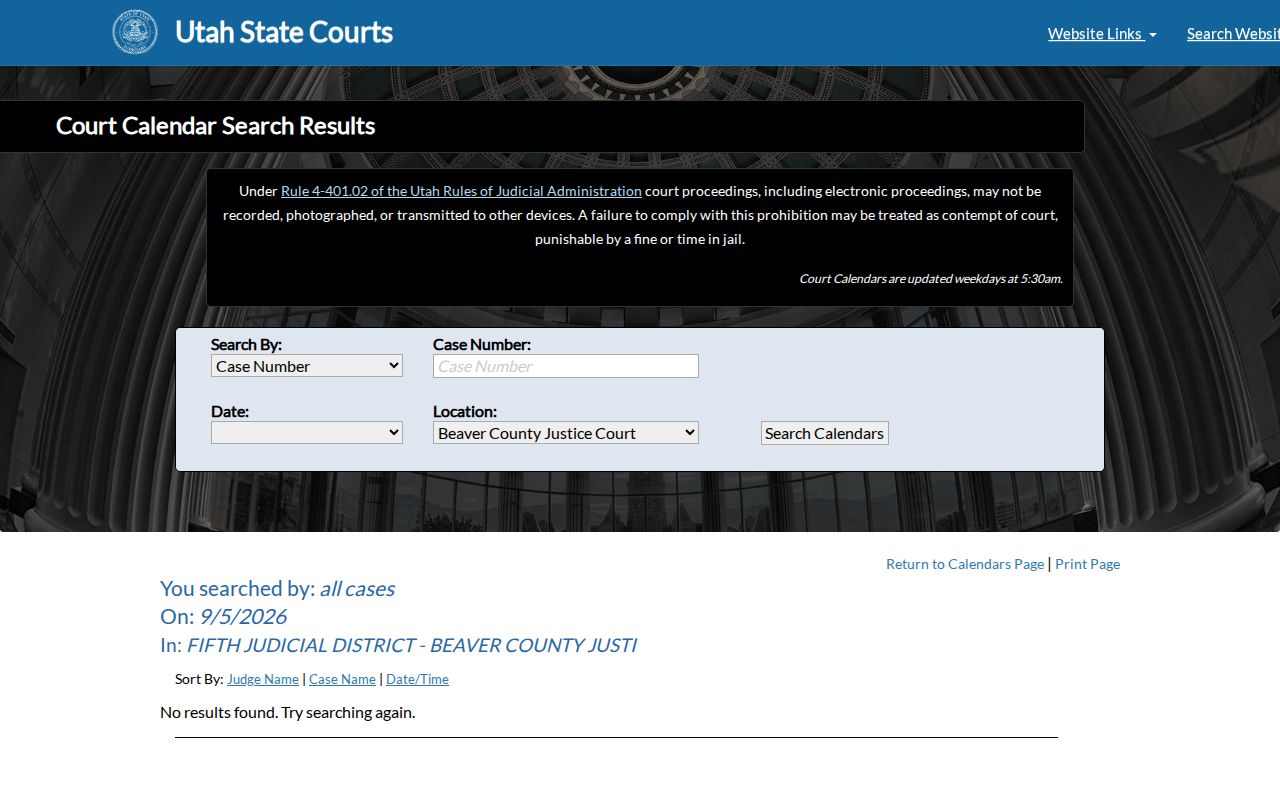 Beaver County Justice Court calendar no-results screen