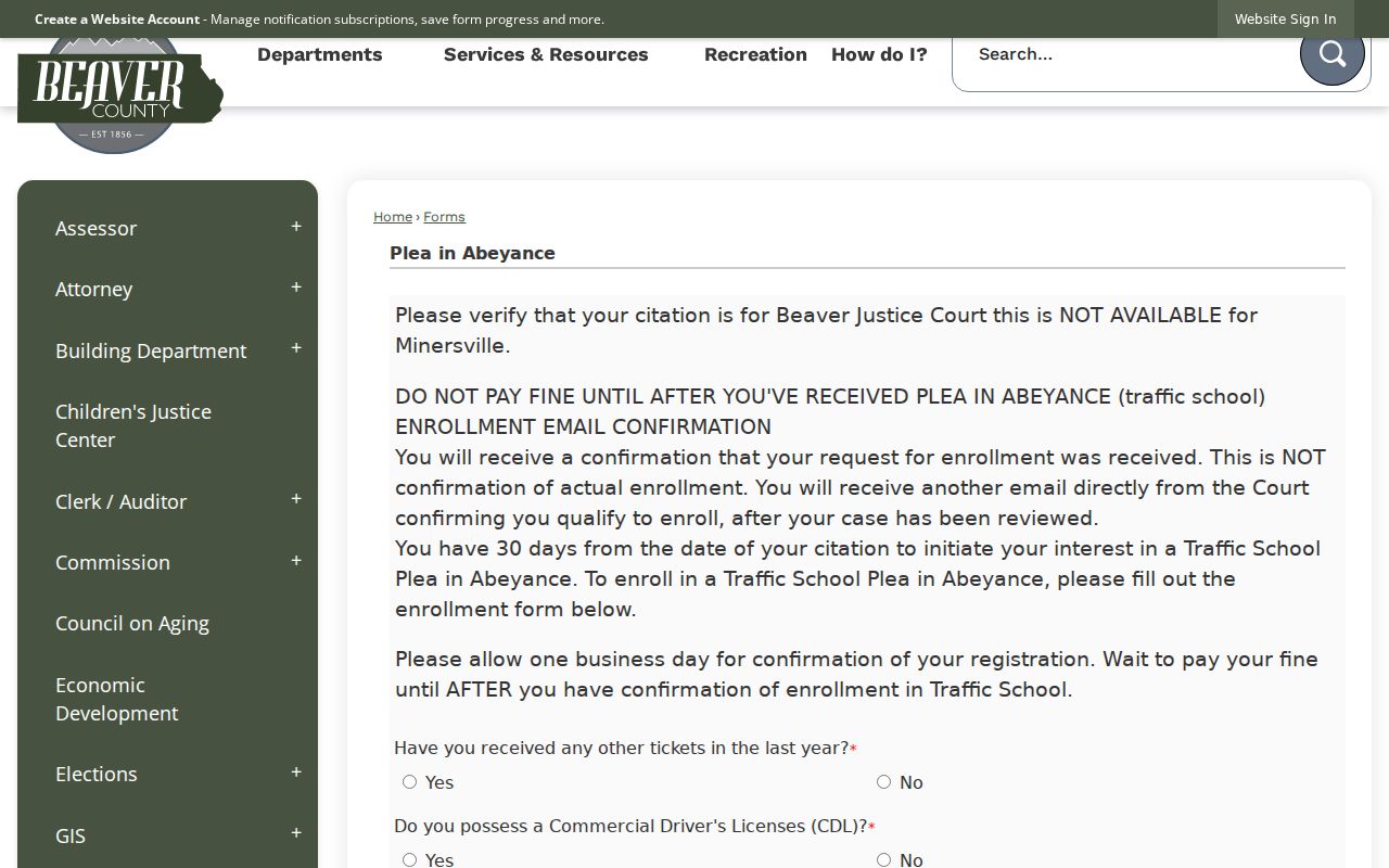 Beaver County Plea in Abeyance form