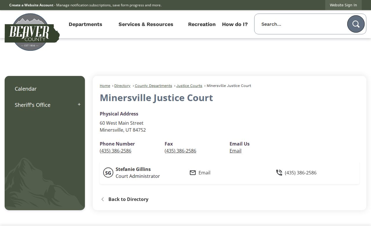 Minersville court docket contact listing for Minersville Justice Court