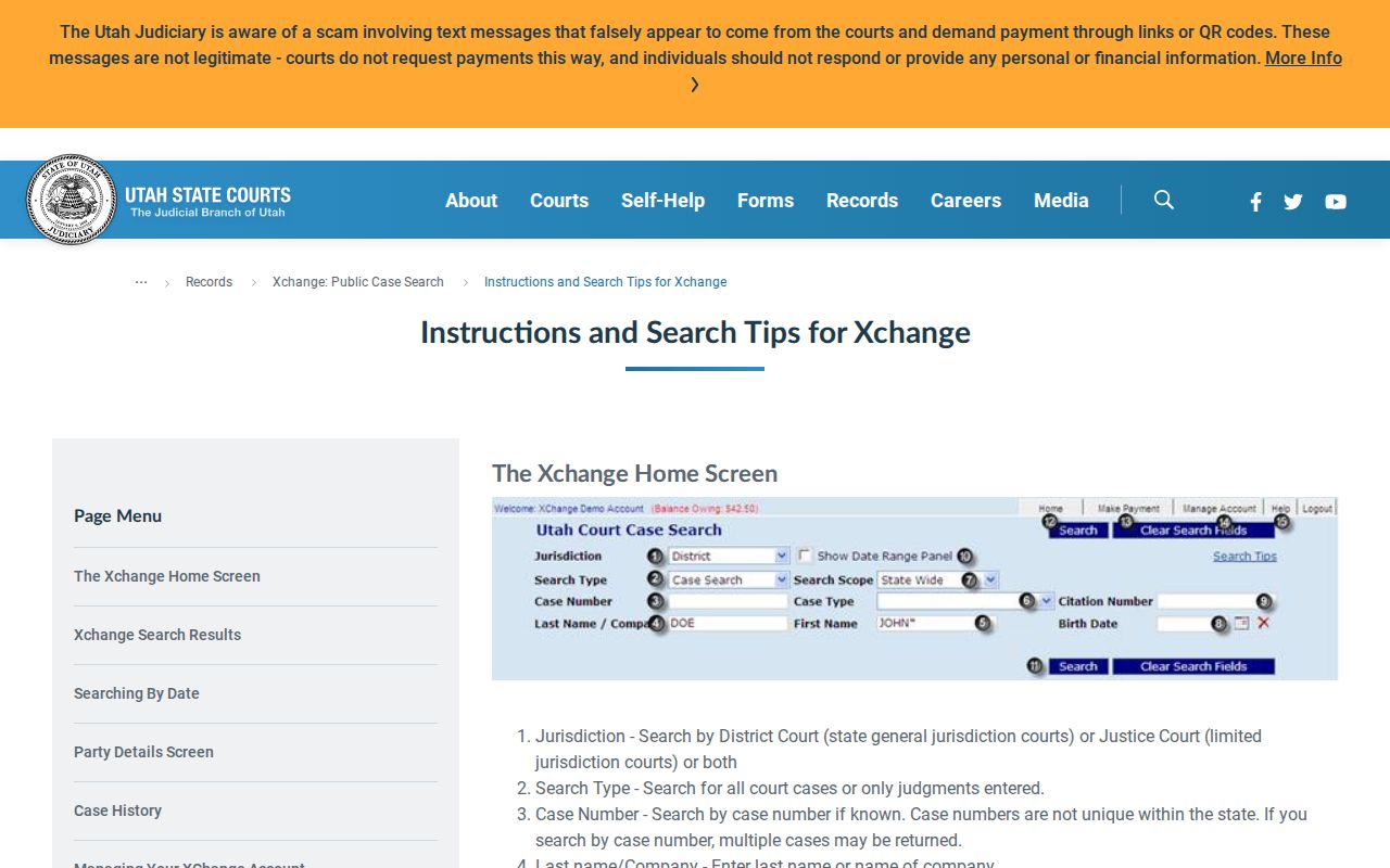 Official Utah Xchange case history and search field instructions used for Beaver County dockets