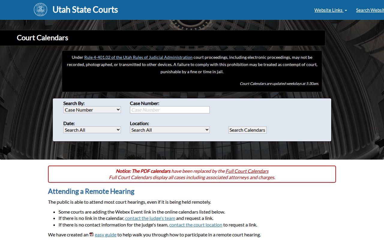 Utah Court Calendars search controls for Beaver County court dates