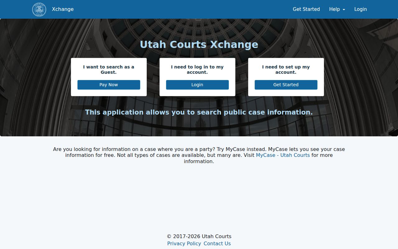 Utah Courts Xchange public case search landing screen for Beaver County docket research